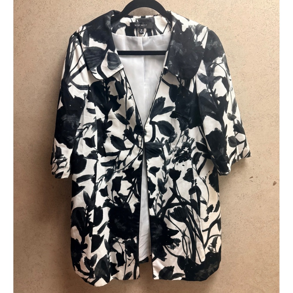 Nine West Medium Womens Black White Floral Cotton Art Deco Minimalist Jacket